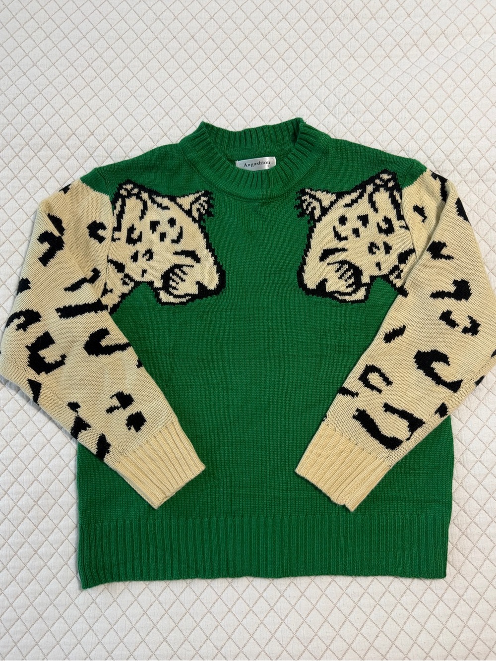 Green & Cream Leopard-Print Crewneck Sweater